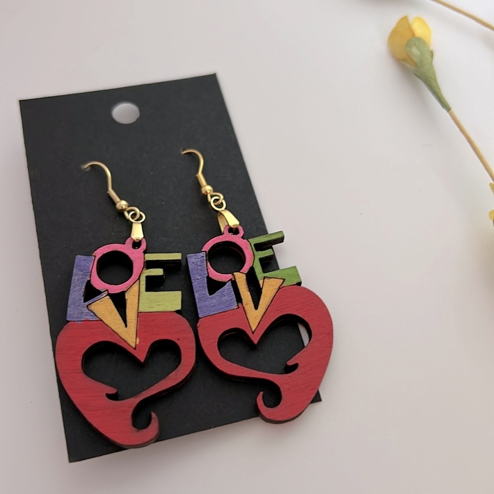 Wood Laser Cut Pride Love Heart Dangle Earrings - Multi Rainbow